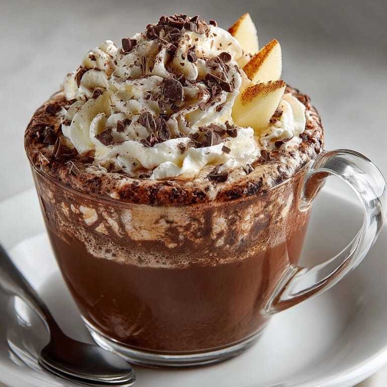 A decadent Rebel Float Apple Cider Hot Chocolate with visible chocolate shavings, ready to be enjoyed.