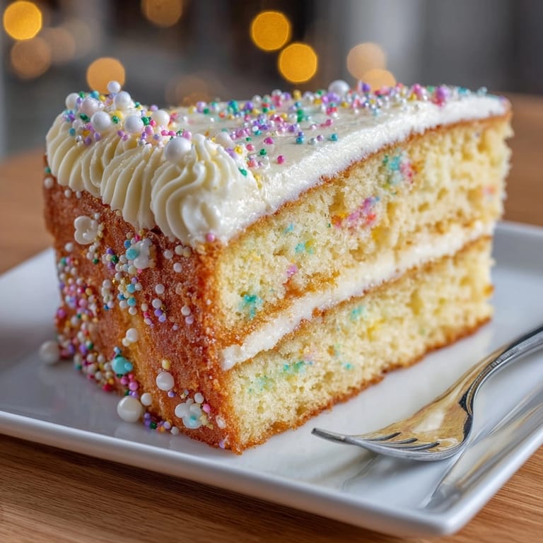 A celebratory Rococo Revival vanilla confetti sheet cake topped with edible pearls and vivid sprinkles.