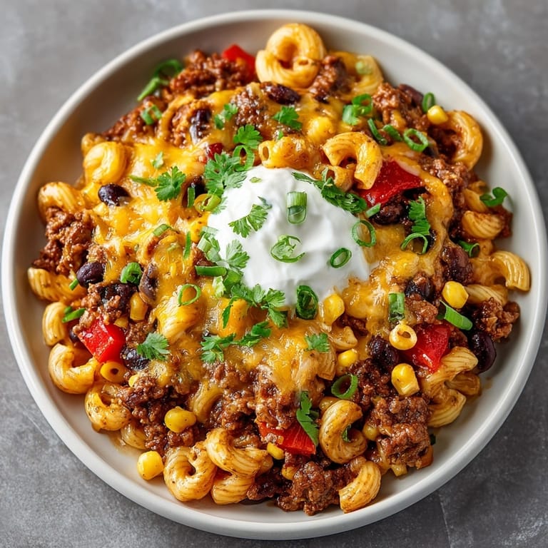Golden, melted cheese blankets the hearty One-Pot Taco Chili Mac with flavorful beef and beans.