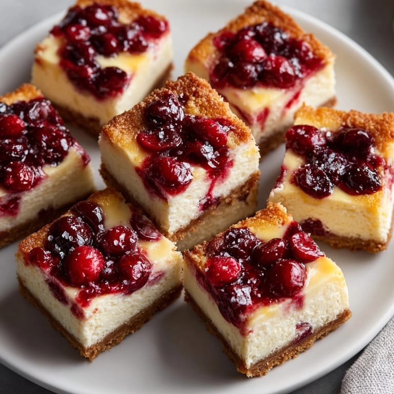 Buttery graham cracker crust holds these delightful Seasonal Cranberry Orange Cheesecake Squares, a rich, creamy dessert option.
