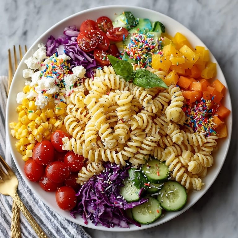 Get a taste of fun with this chilled Chaos Cake-Inspired rainbow pasta salad bursting with refreshing textures and flavors.