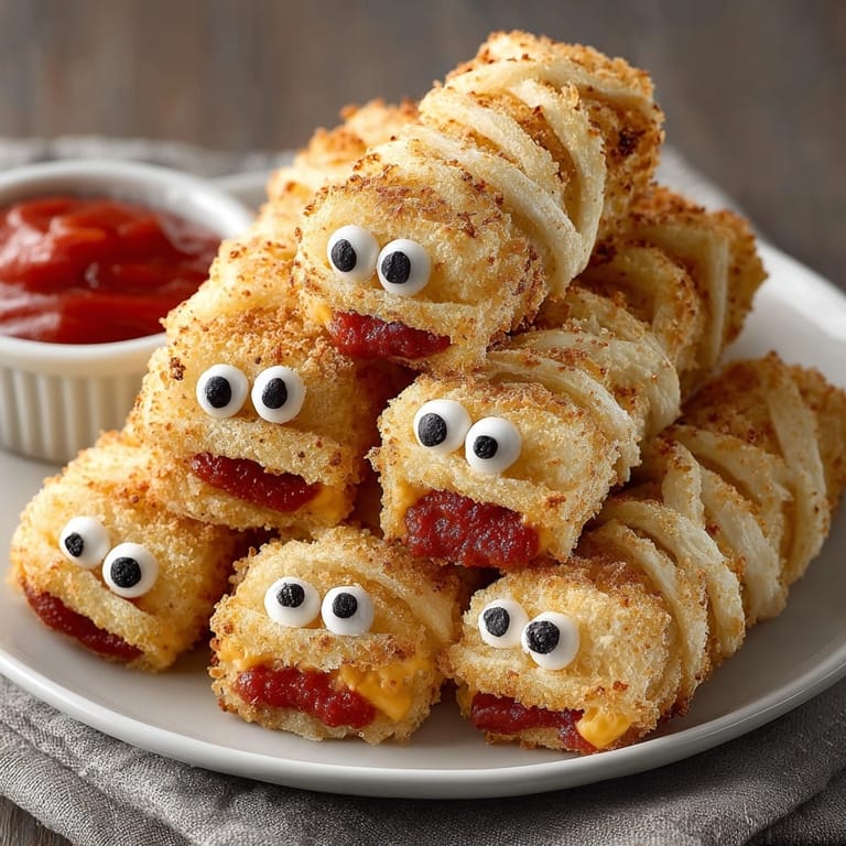 Close-up of crispy Halloween Monster Mozzarella Stick Wraps, showcasing golden-baked dough with cheesy monster eyes.