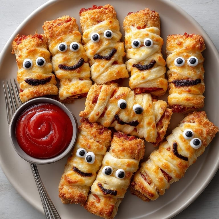 Delicious, gooey Halloween Monster Mozzarella Stick Wraps, a perfect vegetarian snack for your Halloween party spread.