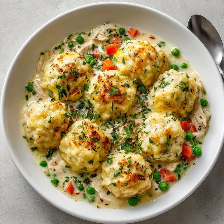 Close-up view of Chicken and Dumpling Casserole, showcasing the tender chicken and light, fluffy dumplings.