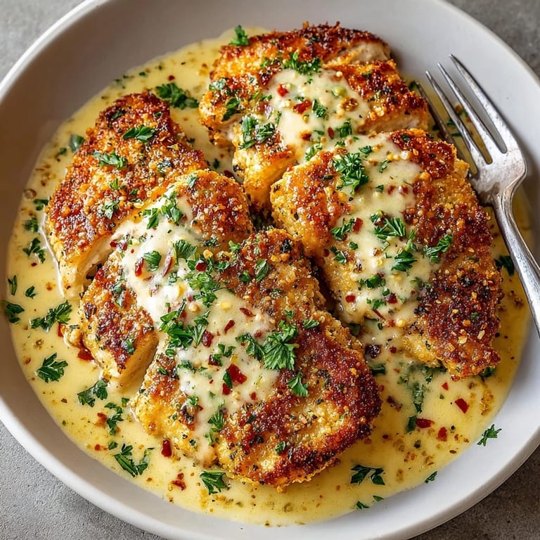 A close-up shot of piping hot Creamy Garlic Parmesan Chicken, ideal for a cozy dinner.