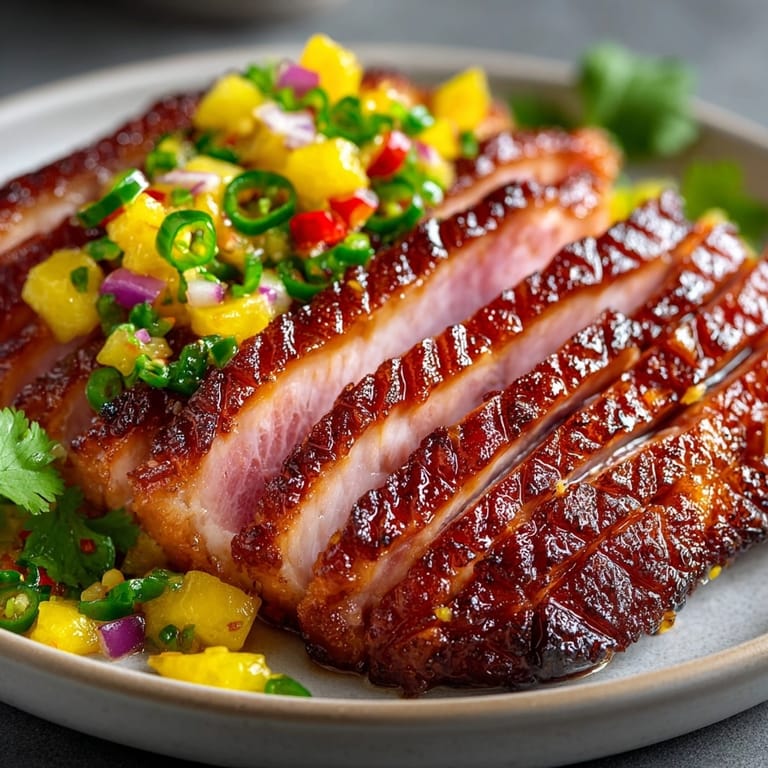 Savory Honey Glazed Ham recipe: a beautifully roasted ham, richly caramelized, served with fresh salsa.