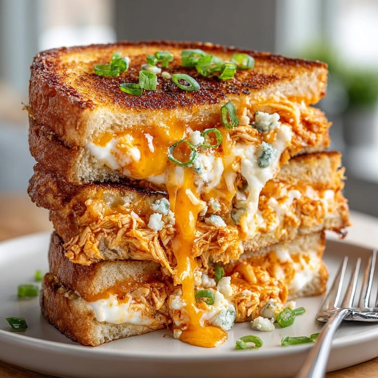 Close-up of a delicious Buffalo Chicken Grilled Cheese, showcasing melted cheese and spicy chicken filling.
