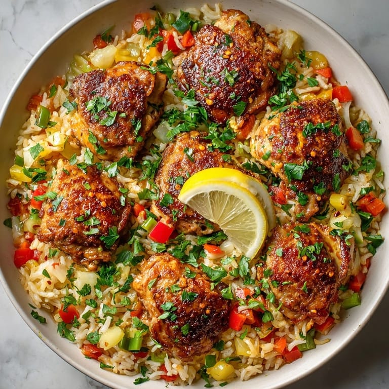 Colorful Cajun Chicken and Rice Skillet served in a deep skillet with fluffy rice and vegetables.