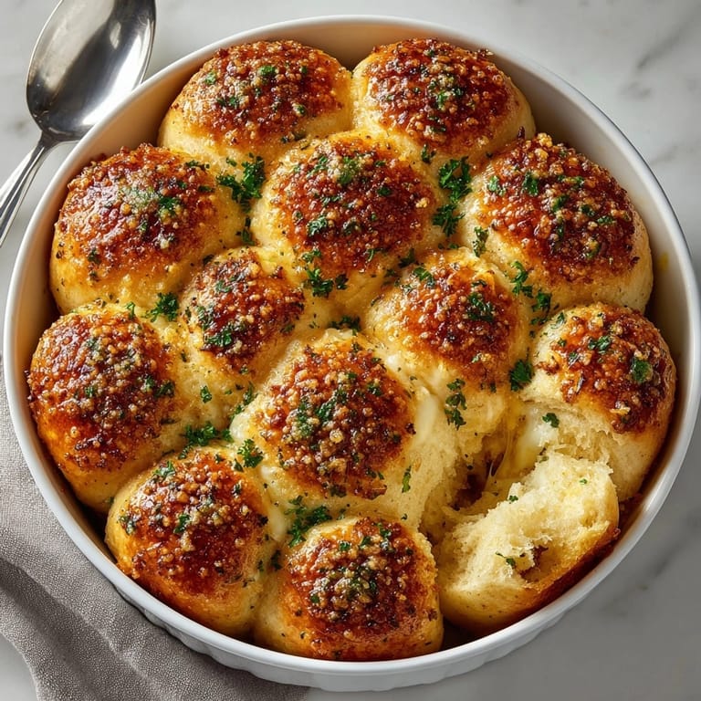 Soft, fluffy Cheesy Garlic Pull-Apart Dinner Rolls served hot in a round pan, perfect side for dinner.