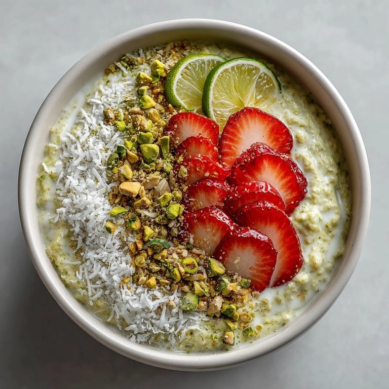 Close-up of Avocado Lime Protein Overnight Oats with vibrant toppings, perfect for a wholesome breakfast.