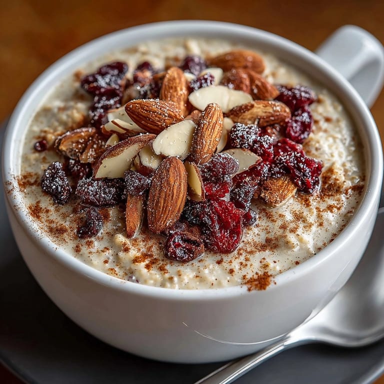 Steaming bowl of cinnamon chai latte oatmeal garnished with raisins and a cinnamon sprinkle