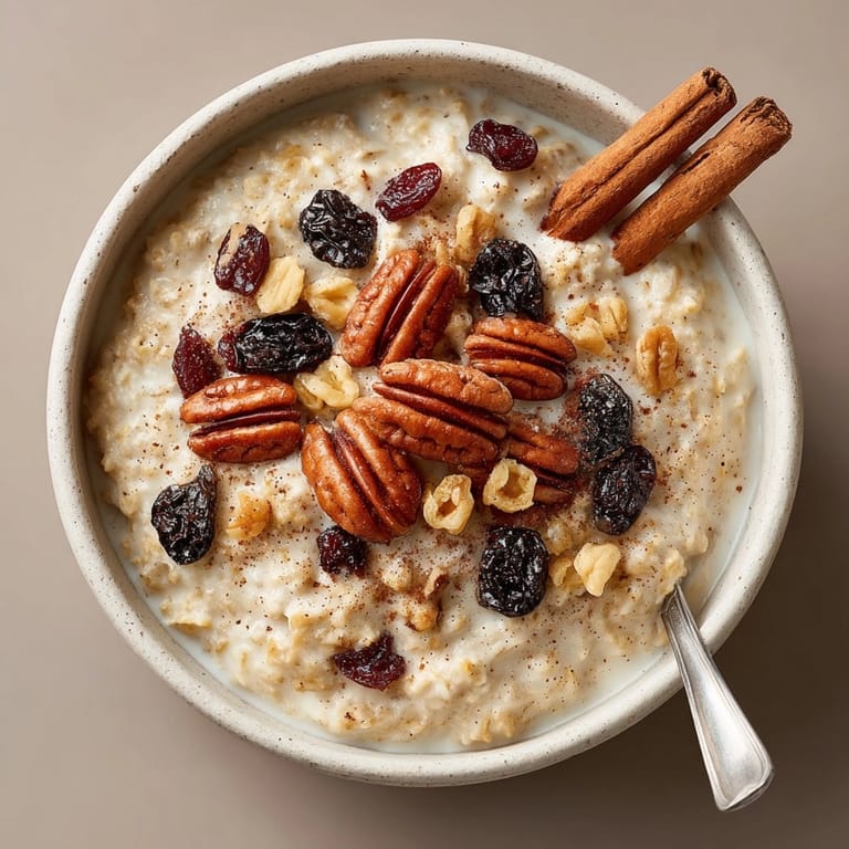 Hearty cinnamon chai latte oatmeal served for breakfast with creamy milk and cozy spice notes