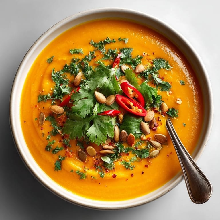 Creamy Thai Curry Butternut Squash Soup topped with fresh herbs and toasted pumpkin seeds.