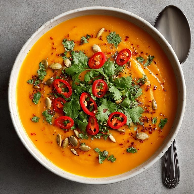 Steaming Thai Curry Butternut Squash Soup with coconut milk, ready to enjoy on a cool night.