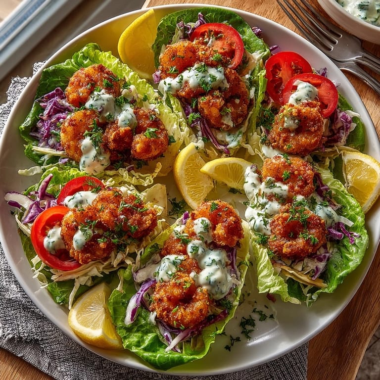 Gluten-free Shrimp Po&#39; Boy Lettuce Boats featuring golden fried shrimp in vibrant, low-carb lettuce wraps.