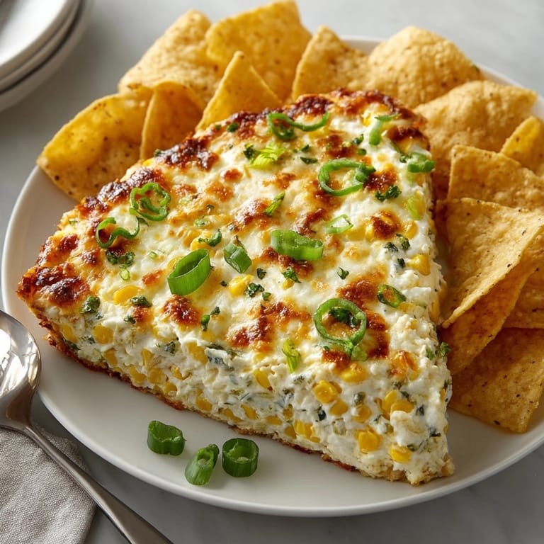 Creamy Cheesy Jalape&ntilde;o Corn Dip topped with sliced jalape&ntilde;os, ready to scoop with crispy tortilla chips.