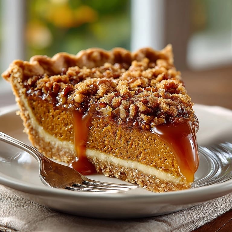 Pumpkin pecan caramel pie sliced to reveal creamy spiced filling beneath crunchy pecan caramel layer.