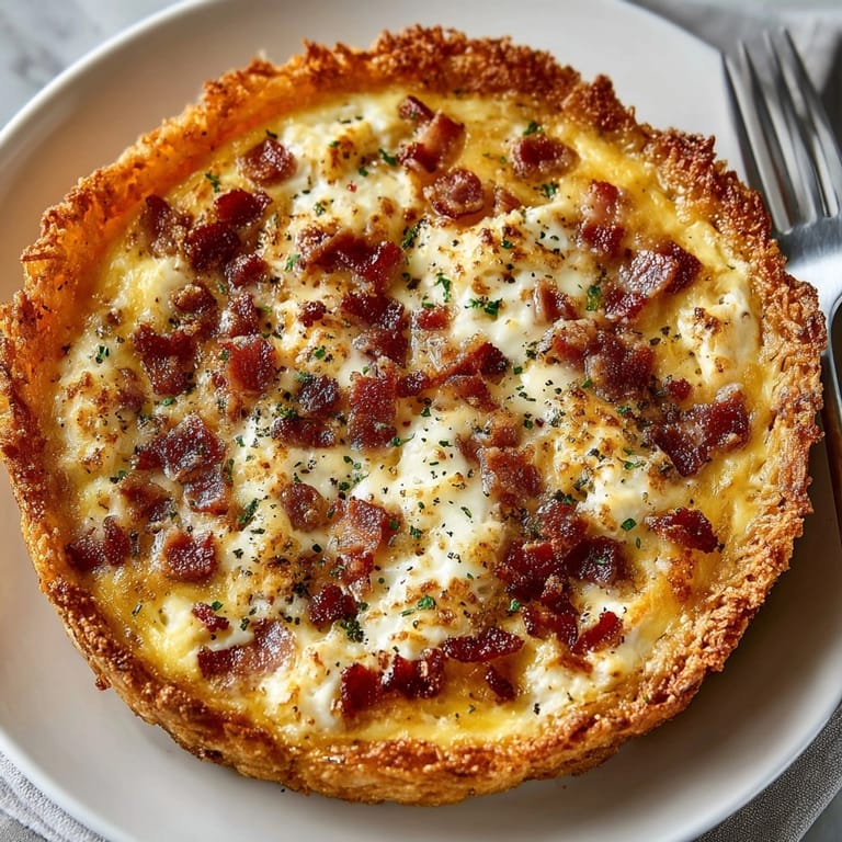 Hashbrown crust bacon and cheese quiche served warm, showing gooey cheese and crispy edges.