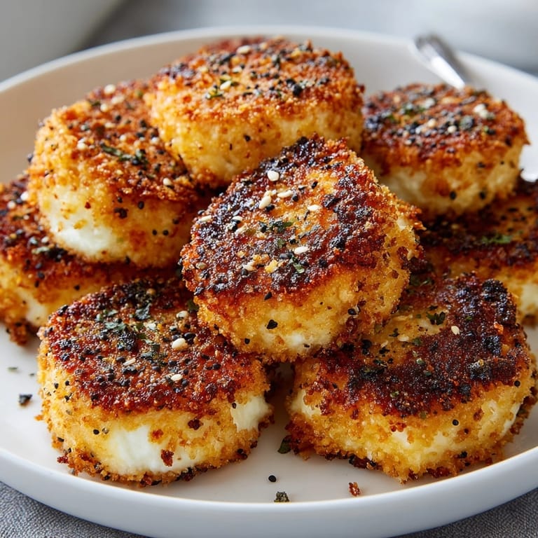 Fried goat cheese medallions sizzling in a pan, perfect for topping salads or burgers