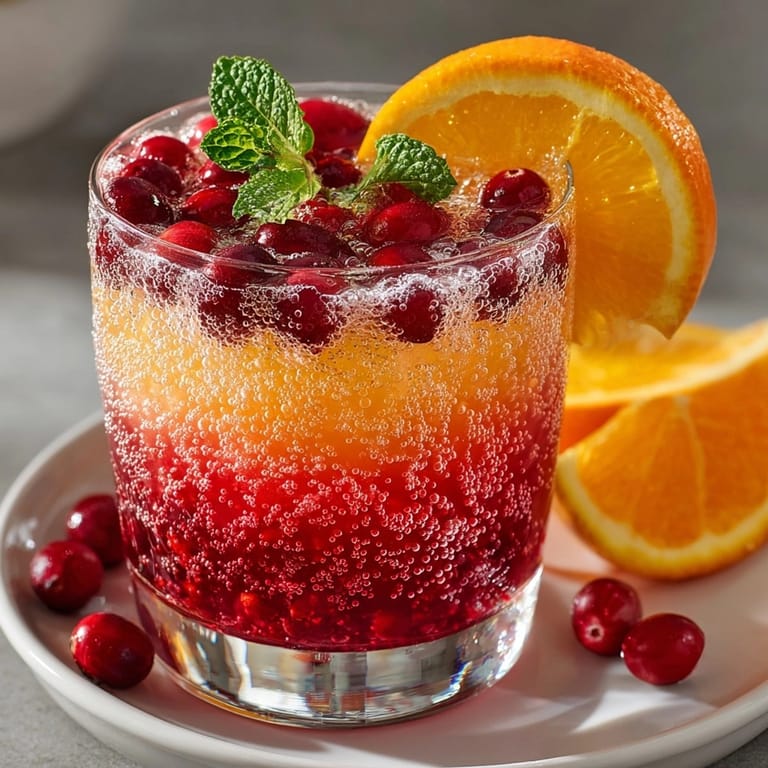 Easy Cranberry-Orange Mock Mimosa: chilled juices sparkle in a pitcher, garnished with fresh ingredients.