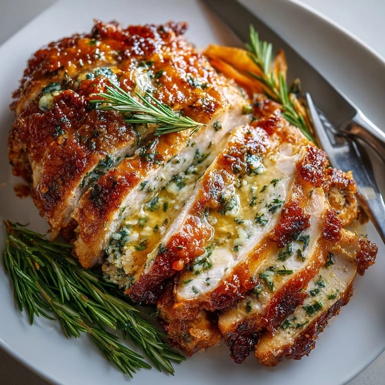 Close-up of Herb Butter Roasted Turkey, herbs visible under crispy skin, tempting holiday feast.