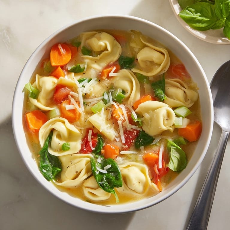 Close-up of homemade Healthier Slow Cooker Creamy Tortellini Soup with visible tortellini and diced vegetables.