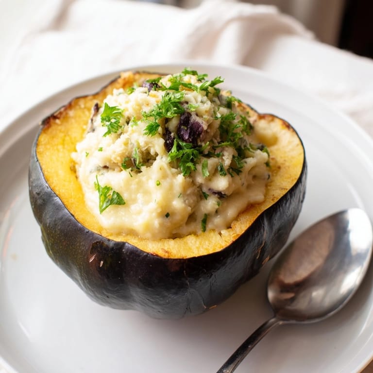 Golden roasted squash holding bubbling 4-Cheese Roasted Garlic Alfredo; cozy autumn comfort food.