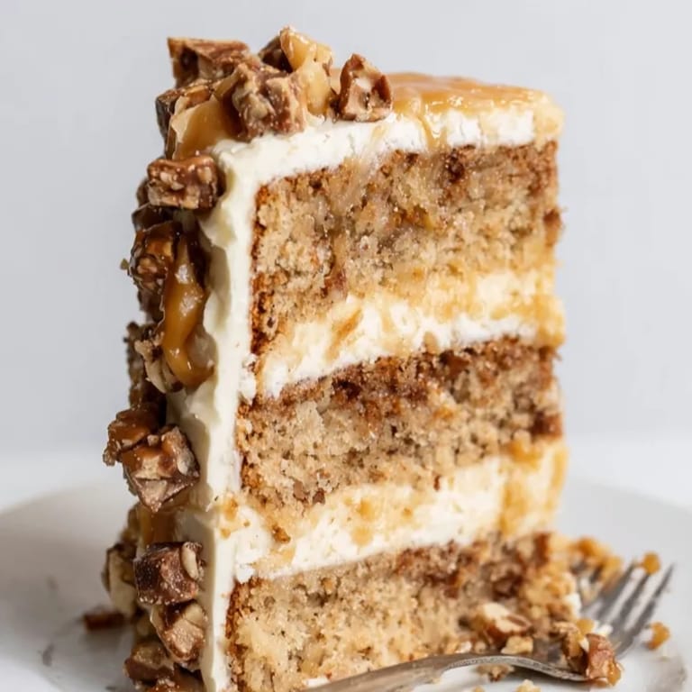 An indulgent Salted Caramel Apple Snickers Cake: layers of moist cake, rich caramel frosting.
