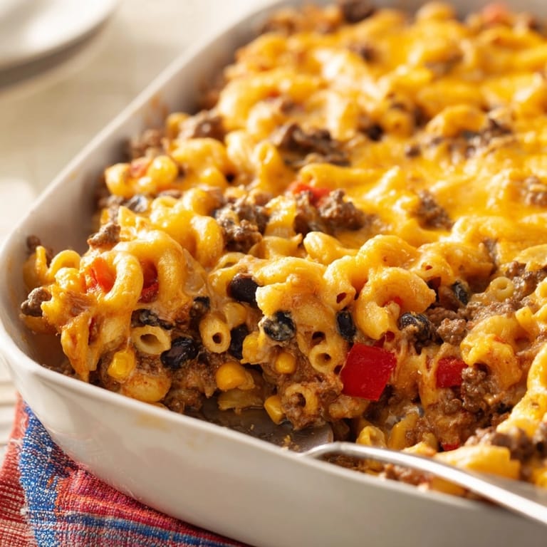 Layers of pasta, beef, and cheese form this comforting Mac and Cheese Taco Casserole.