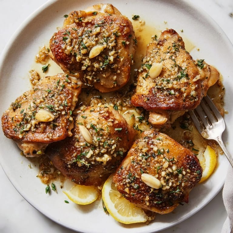 Juicy Garlic Brown Butter Chicken Thighs, aromatic herbs wafting, a flavorful gluten-free meal.