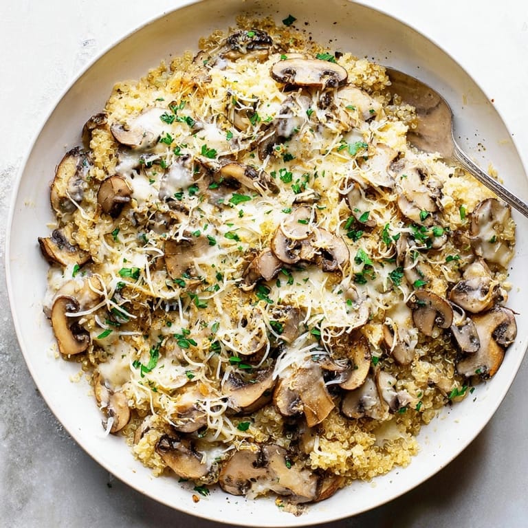 Baking dish filled with delicious Alfredo Quinoa Mushroom Bake, perfect for family dinner.
