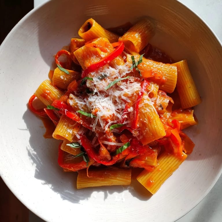 Delicious Spicy Fall Pasta featuring tender roasted peppers and a kick of chili.  
