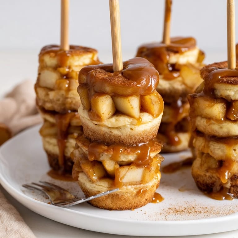 Colorful skewers of Caramel Apple Chai Cheesecake Cake Muffins drizzled with warm caramel.  