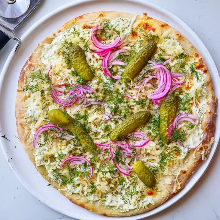 Freshly baked Pickle Pizza, featuring a rich crème fraîche sauce and zesty dill pickles.