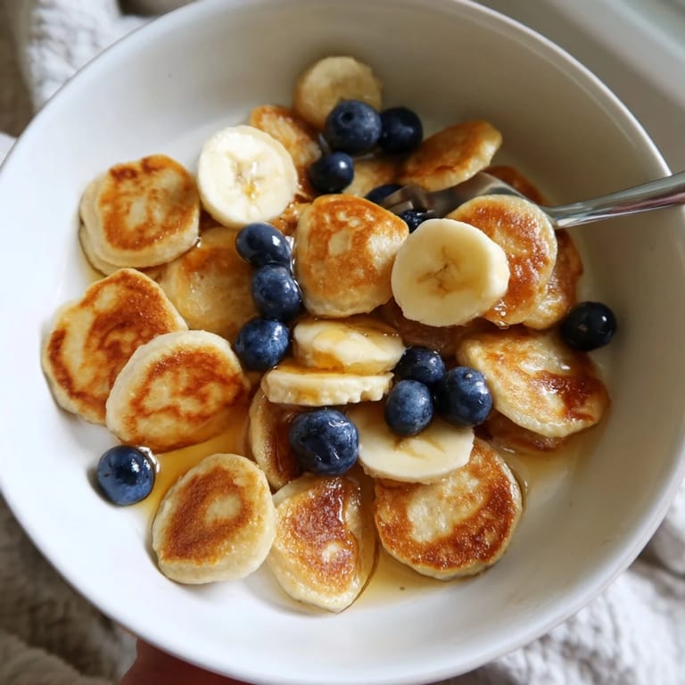 Delightful Mini Pancake Cereal surrounded by fresh fruit, inviting for a cozy breakfast.  