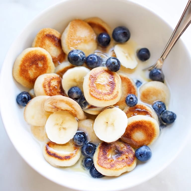 Golden Mini Pancake Cereal nestled in milk, perfect for a fun morning treat.