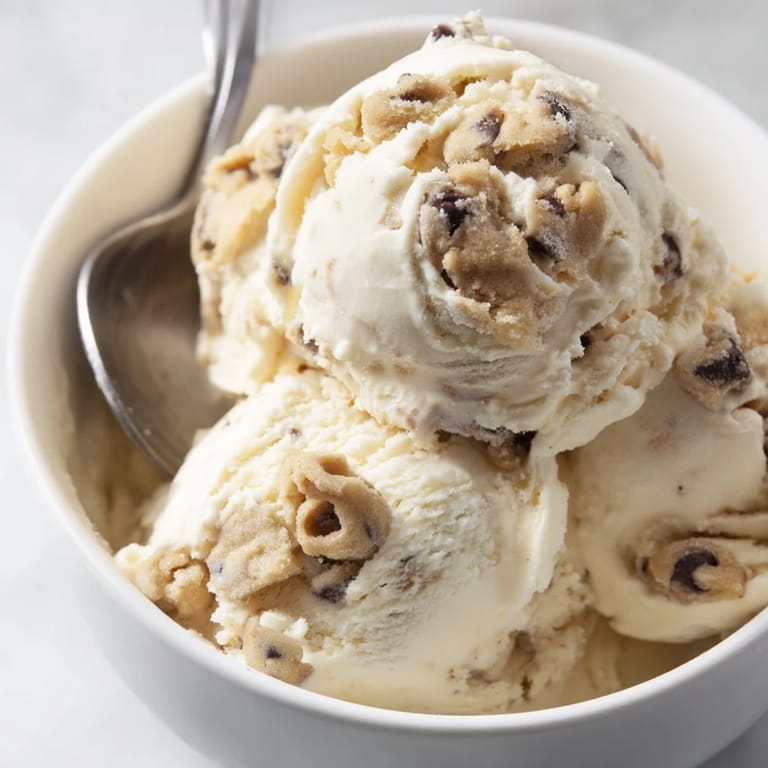 Delicious homemade cottage cheese ice cream with chunks of edible cookie dough.  