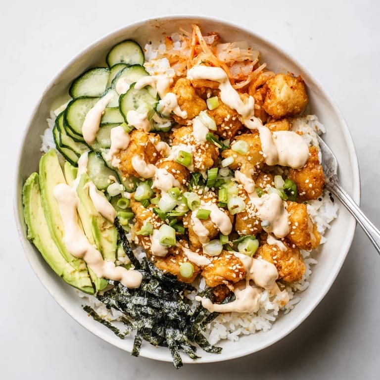 A delicious Crispy Salmon Rice Bowl with crunchy garlic, fresh cucumber, and savory flavors.  