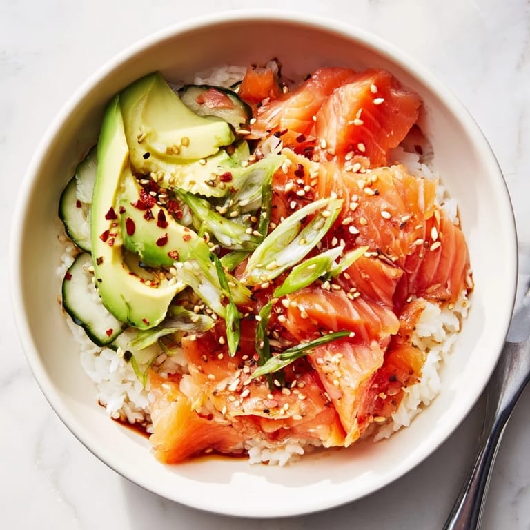 Flavorful Leftover Salmon and Rice Bowl, vibrant with colorful fresh toppings.