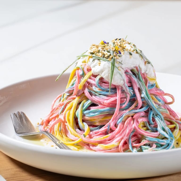Whimsical Neon Noodle Cloud dish, vibrant noodles in a soft, dreamy white sauce.  