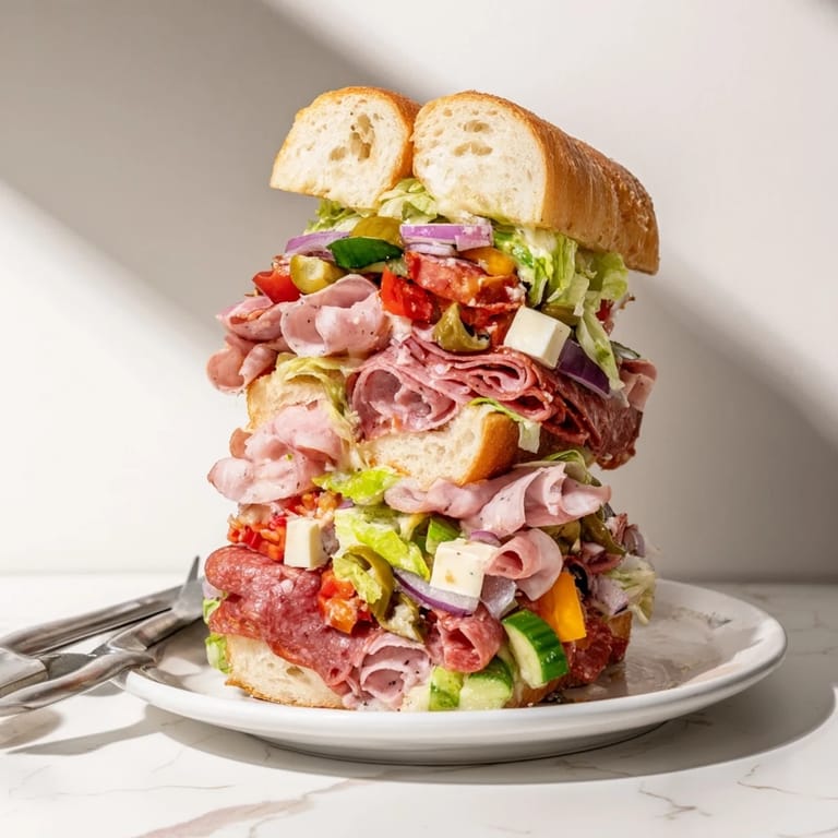 Delectable Flavor Mash-Up Sandwiches layered with salami, turkey, and zesty condiments.