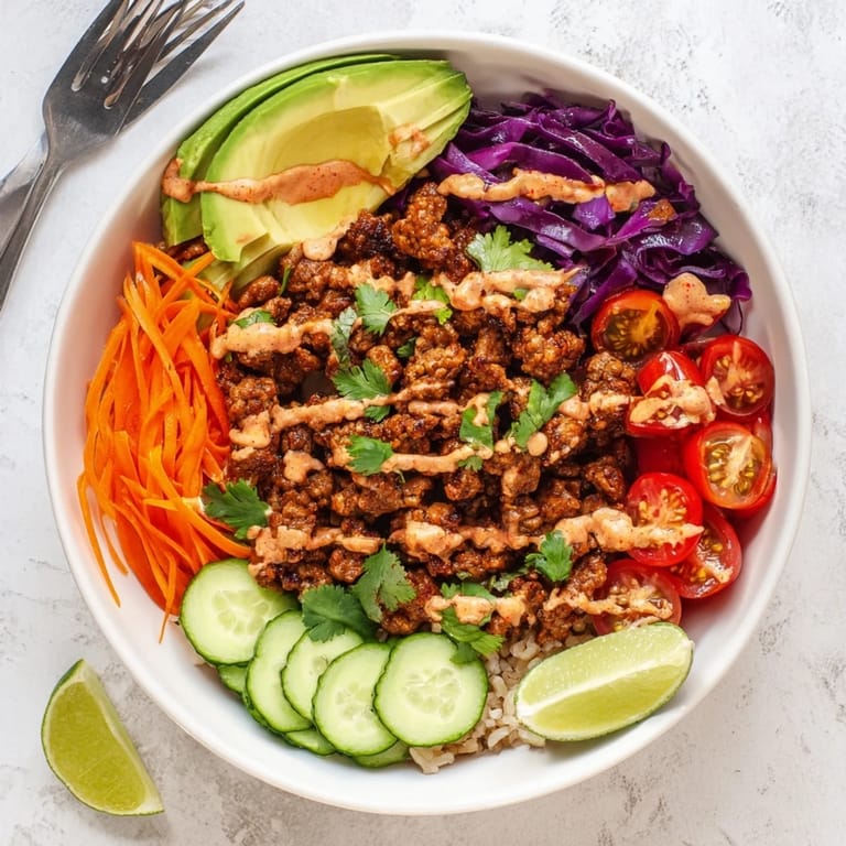 Protein-rich plant-based meat bowl with colorful toppings and zesty lime wedges.