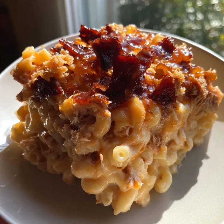 Delicious Classic Mac & Cheese with BBQ Chicken, featuring melted cheese and smoky flavors.