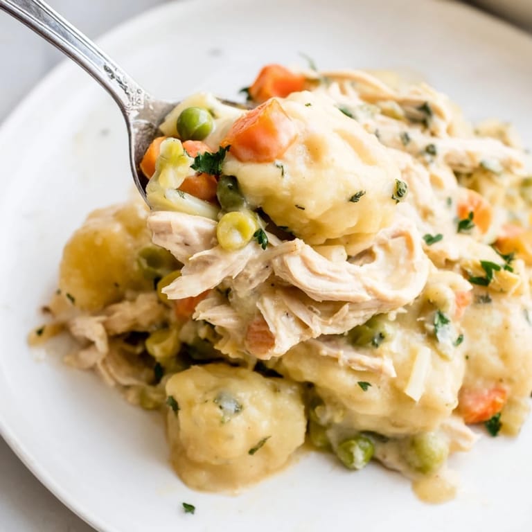 Warm chicken and dumplings casserole dish, bursting with tender veggies and creamy goodness.  