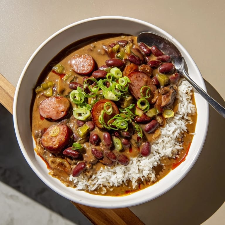 Comfort food delight: hearty Red Beans & Rice with smoky sausage over fluffy rice.  