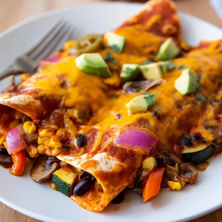 Colorful Farmers Market Vegetarian Enchiladas served with creamy avocado and lime wedges.