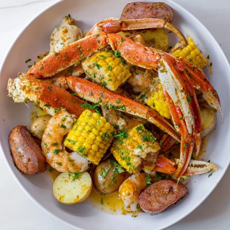 A delicious Southern-style Seafood Boil, bursting with flavor from crab, sausage, and corn.