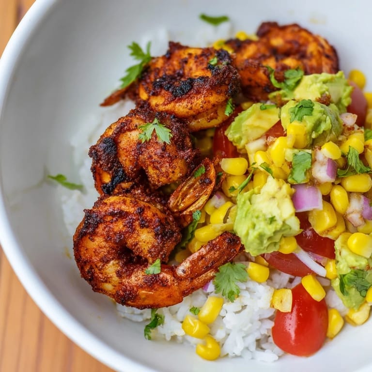 Delicious blackened shrimp bowl, smoky and spicy, topped with fresh avocado corn salsa.
