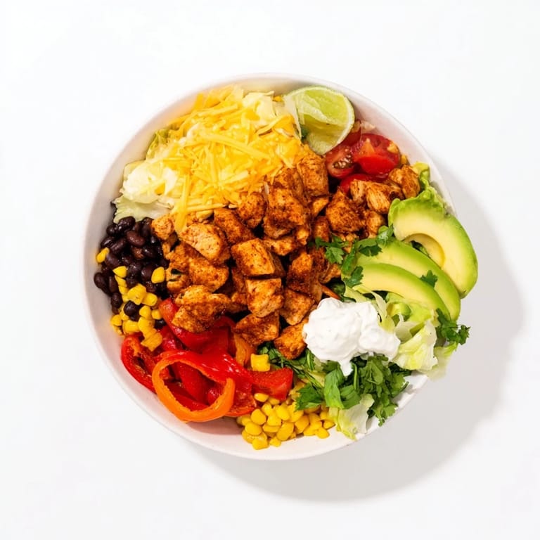 A close-up of a delicious sheet pan chicken burrito bowl, showcasing various flavorful toppings.