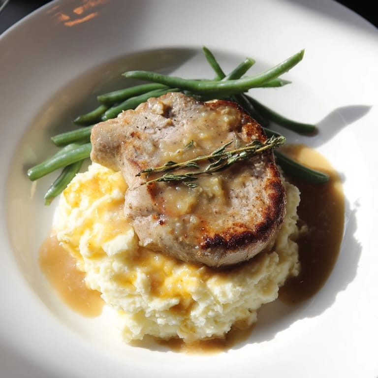 Comforting Pork Chops & Cheddar Mash Bowl featuring seared pork, cheesy mashed potatoes, and a delicious sauce.